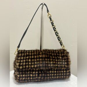 Checkboard Real Muskrat Fur Handmade Baguette Bag, Including 2 Strap Styles
